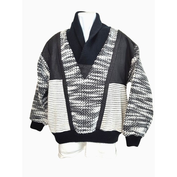 First Class Commando Wool Blend Mens Sweater Sz M Shawl Neck Pockets Black White - Picture 1 of 15